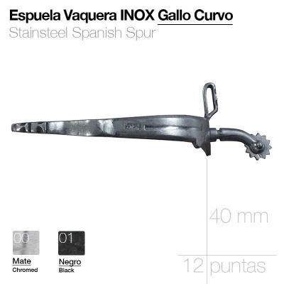 Espuela vaqueira inox com roda curva 40 mm e 12 pontas em aço cromado mate e preto