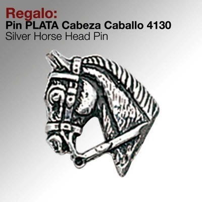 Pin prateado em forma de cabeça de cavalo com texto promocional