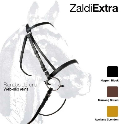 Brida de couro preta para cavalo com argola metálica, opções de cores e texto promocional