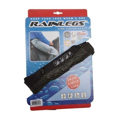 Produto Rainlegs preto à prova de vento e água em embalagem azul e vermelha