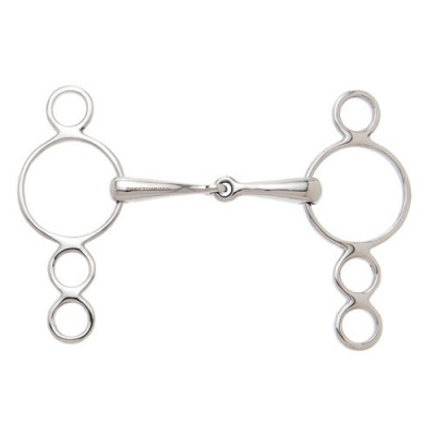 Freio de metal prateado com anéis circulares e bocal articulado