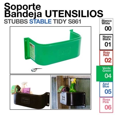 Suporte bandeja utensílios em plástico verde com parafuso, tabela de cores ao lado