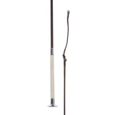 Rédea de equitação em couro castanho com pega branca e detalhes metálicos