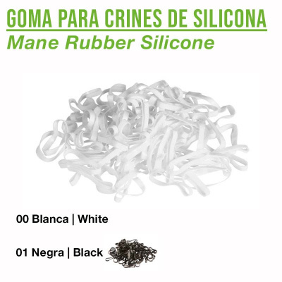 Elásticos para crina de silicone em branco e preto com texto descritivo em verde e preto.