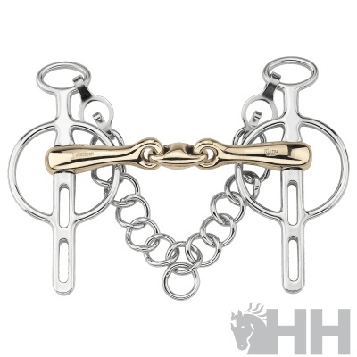 Freio metálico para cavalo com aço inoxidável e dourado e corrente