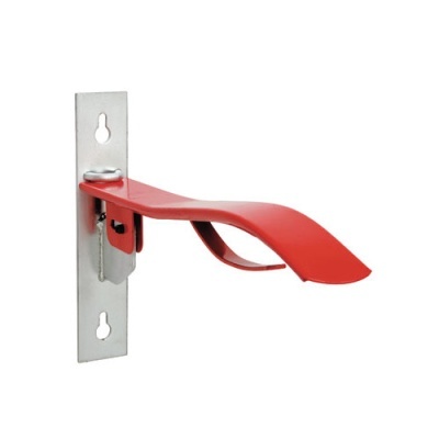 Suporte metálico para bicicleta com base prateada e braço vermelho curvado