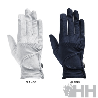 Duas luvas esportivas, uma branca e outra azul marinho, com etiqueta e logo HH