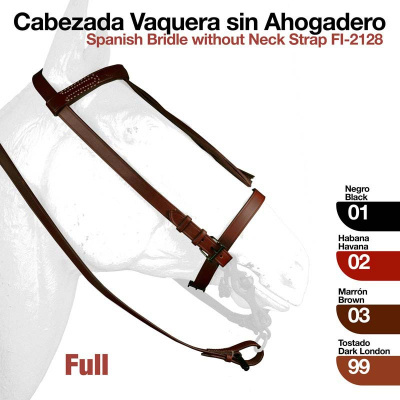 Cabresto espanhol sem tira de pescoço em várias cores mostrado num modelo branco de cabeça de cavalo