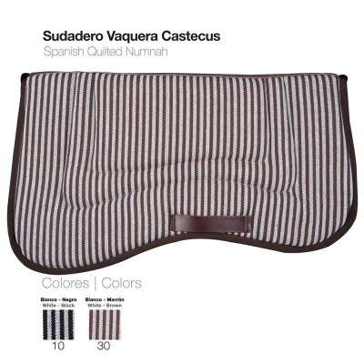 Manta acolchoada para cavalo com padrão de riscas em branco e preto ou castanho, bordas de couro.