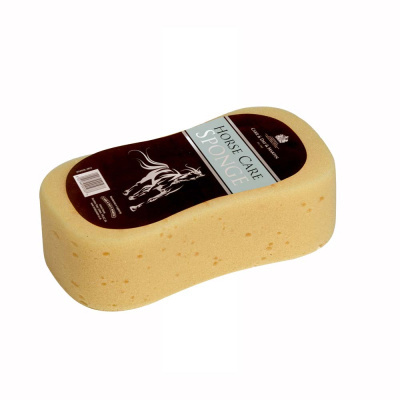 Esponja amarela com etiqueta Horse Care Sponge e ilustração de cavalo