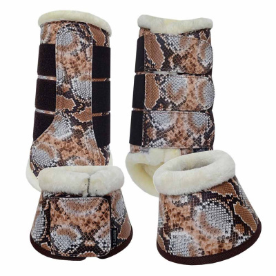 Conjunto de proteções para cavalos com padrão pele de cobra e forro felpudo branco