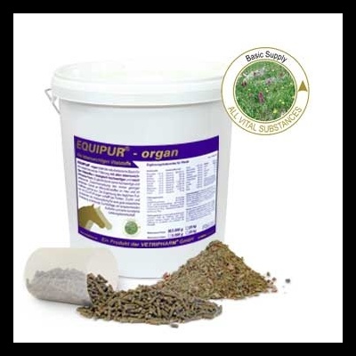 Produto alimentar para cavalos EQUIPUR - organ em balde branco, granulados e ervas, selo de substâncias vitais