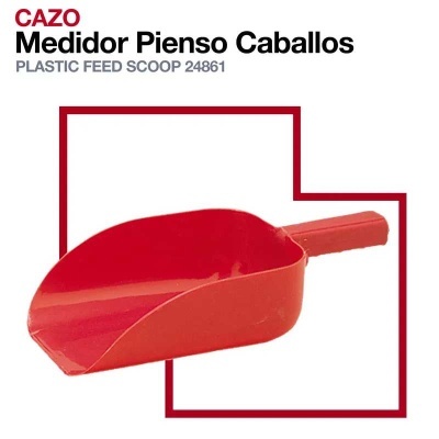Cazo medidor de plástico vermello para pienso de caballos