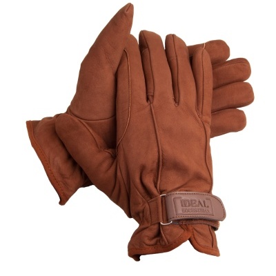 Par de luvas castanhas com tira ajustável em couro e inscrição IDEAL WORKSTUFF
