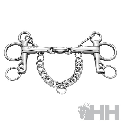 freio metálico prateado para cavalo com corrente e argolas