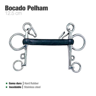 Bocado Pelham 12,5 cm em goma dura preta e aço inoxidável