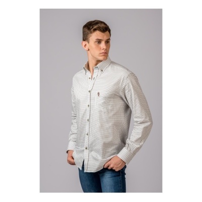 Camisa masculina de quadrículos cinza e branco com botão, vista frontal