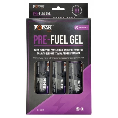 Pacote com 3 frascos de gel energético FORAN PRE-FUEL GEL preto e roxo