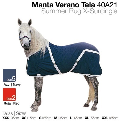 Cobertura para cavalo azul navy e vermelha com alças brancas sobre fundo branco