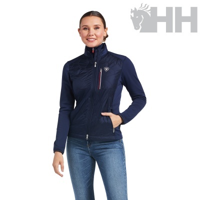 Casaco azul escuro de mulher com fecho de correr e bolso no peito