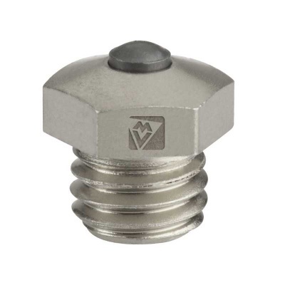 Parafuso hexagonal metálico prateado com logótipo gravado