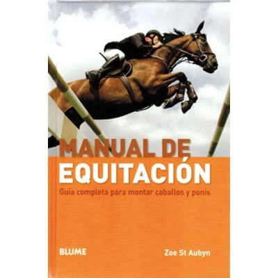 Capa de livro laranja com cavalo a saltar e texto Manual de Equitación