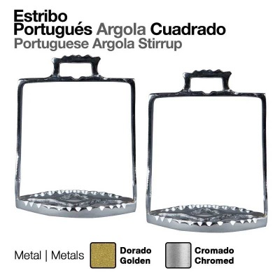 Dois estribos portugueses Argola Quadrado em metal, nas cores dourado e cromado com indicações de cores e tipo no topo