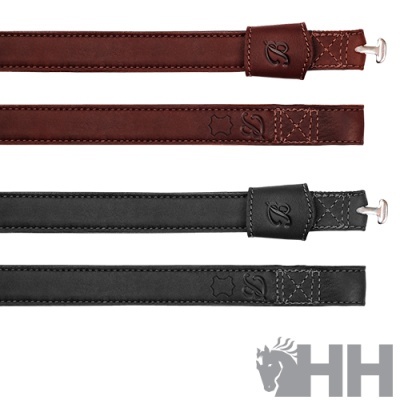 Quatro correias de arreios de couro castanho e preto com fecho metálico