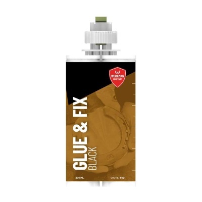 Embalagem de cola GLUE & FIX BLACK com rótulo preto e dourado e texto WERKMAN HOOFCARE