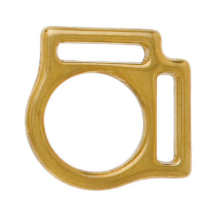 Fecho metálico dourado com forma circular e encaixes retangulares