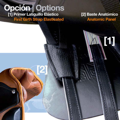Sela de equitação com correias e texto das opções