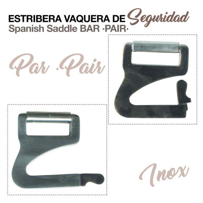 Par de estribos vaqueiros de aço inoxidável prateados sobre fundo branco