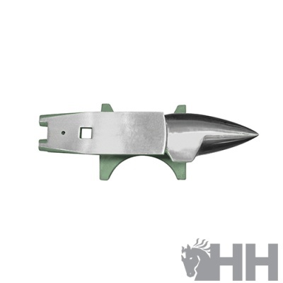 Bigorna metálica pequena com base verde sobre fundo branco