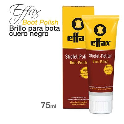 Produto Effax Boot Polish para polir botas de couro negro em embalagem tubo amarelo e castanho de 75 ml