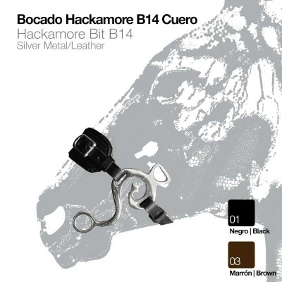 Bocado Hackamore B14 metal prateado e couro preto com fivela e ilustração de cavalo cinza