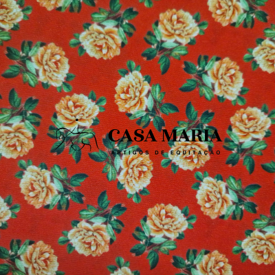 Estampa floral com flores amarelas em fundo vermelho, texto CASA MARIA TECIDOS DE EQUITAÇÃO