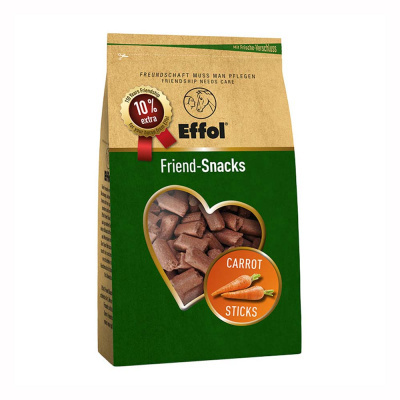 Embalagem de petiscos para cavalos Effol Friend-Snacks Carrot Sticks em verde e castanho com janela em forma de coração.
