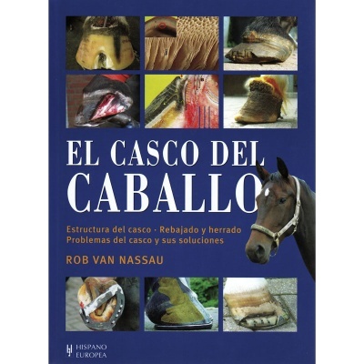 Capa de livro azul com fotografias de cascos de cavalo e cavalo, texto EL CASCO DEL CABALLO