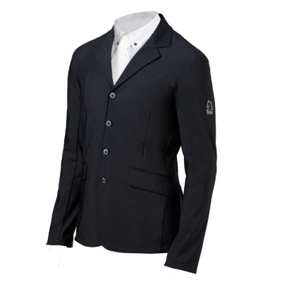 Blazer preto masculino com botões e logo Xentis na manga