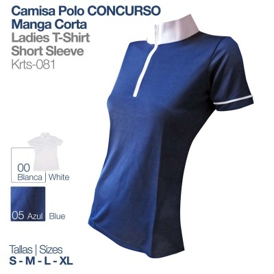 Camisa polo feminina azul com detalhes em branco e fecho na gola