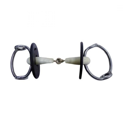 Freio para cavalo com anéis metálicos e bocal branco.