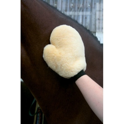 Luva amarela peluda em mão a tocar o pelo castanho de um cavalo