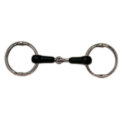 Freio de cavalo em metal prateado com argolas grandes e peça central preta