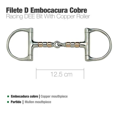 Filete D para cavalo com embocadura e rolos de cobre, 12,5 cm