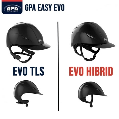 Dois capacetes pretos GPA Easy Evo em fundo branco com texto distintas