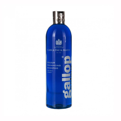 Frasco azul de shampoo para cavalos com texto branco e tampa prateada