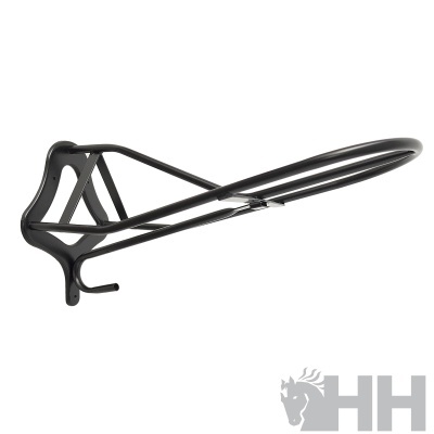 Suporte de parede metálico preto com gancho e logotipo HH cinzento no canto