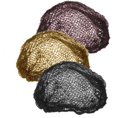 Três redes elásticas para cabelo em cores preta, dourada e roxa