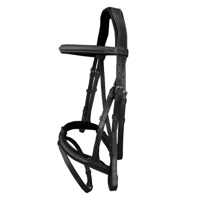 Bridão de pele preta para cavalo com fivela prateada e costuras brancas