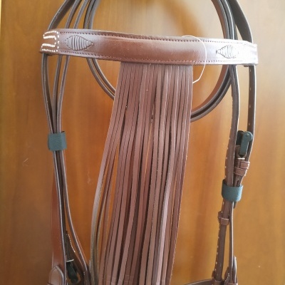 Cabresto de couro castanho com franjas pendurado